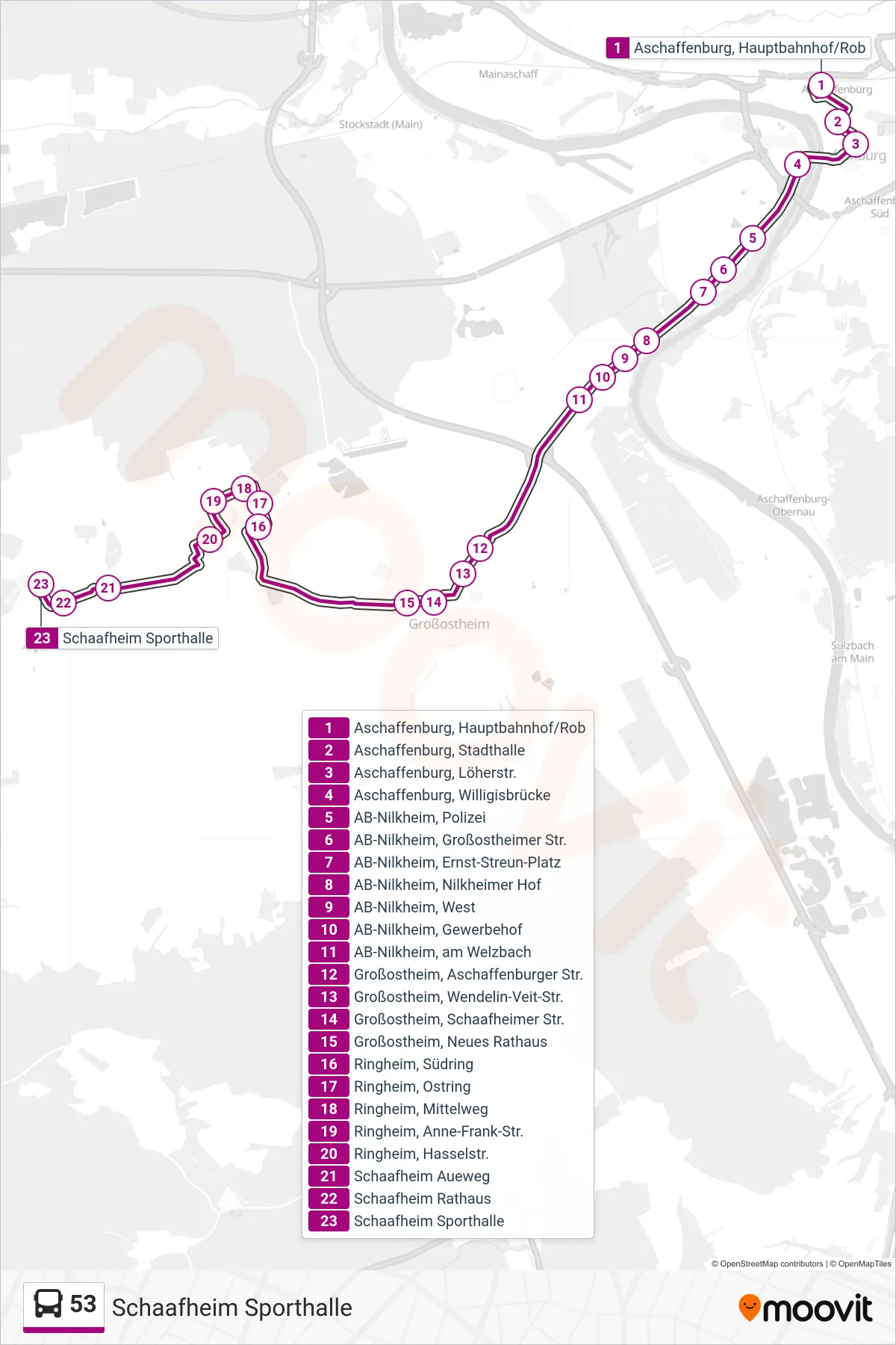 53 bus Line (Schaafheim Sporthalle) route and stops on a map
