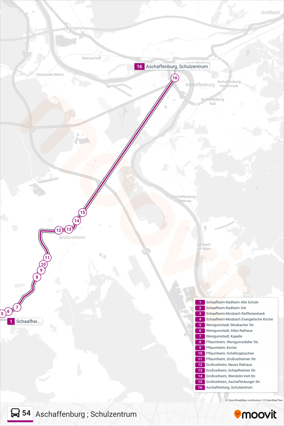 54 bus Line (Aschaffenburg ; Schulzentrum) route and stops on a map
