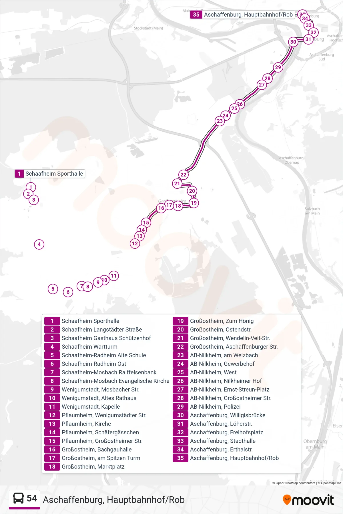 54 bus Line (Aschaffenburg, Hauptbahnhof/Rob) route and stops on a map