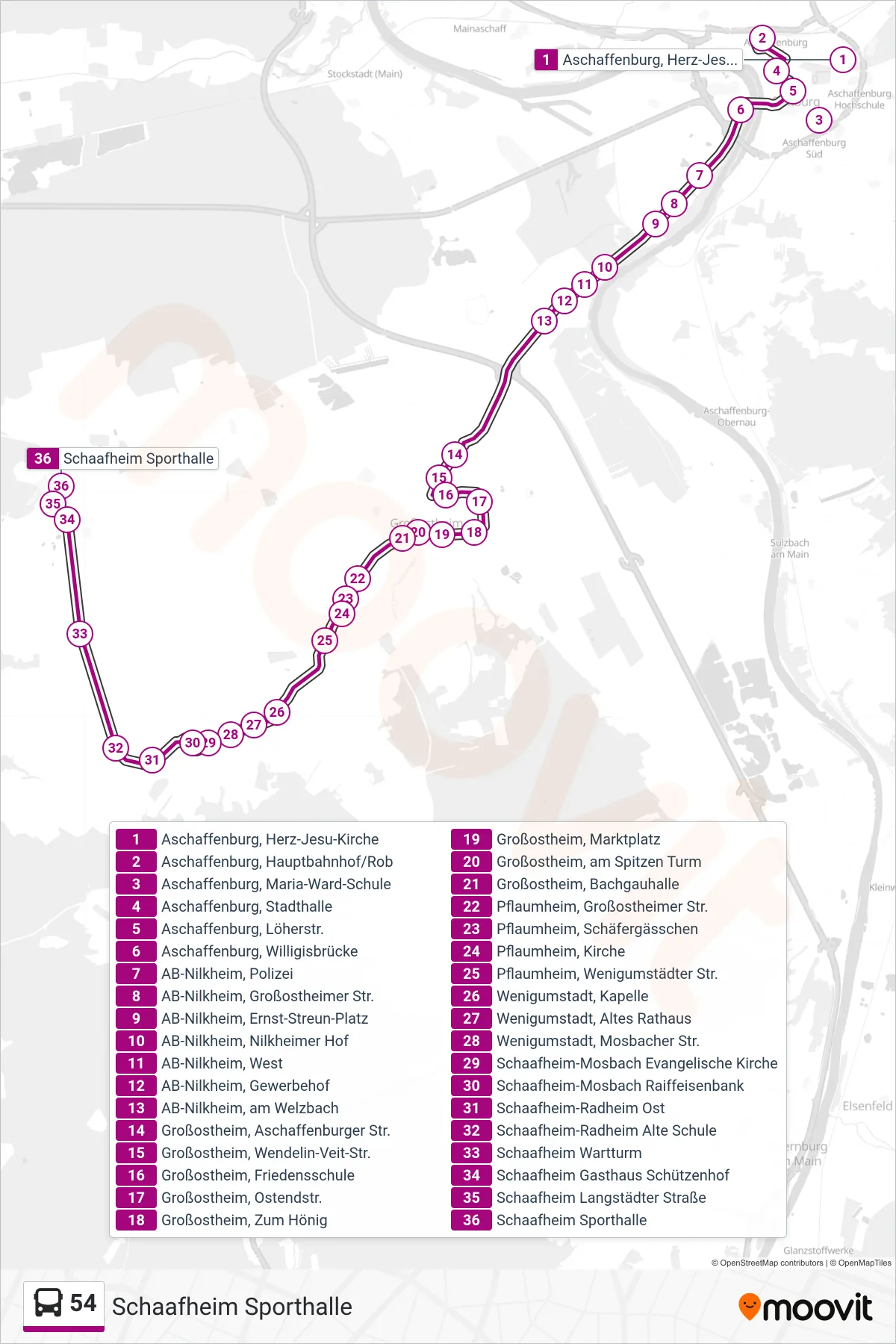 54 bus Line (Schaafheim Sporthalle) route and stops on a map