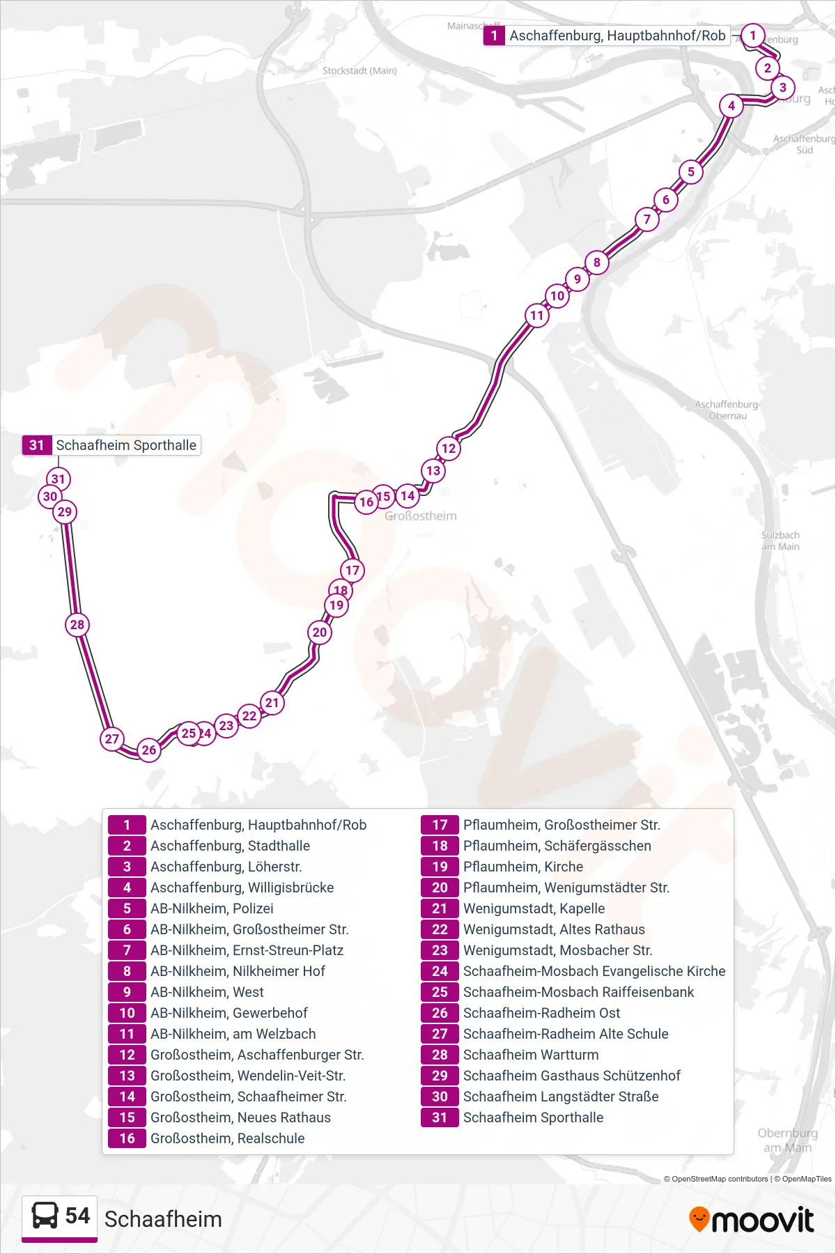 54 bus Line (Schaafheim) route and stops on a map