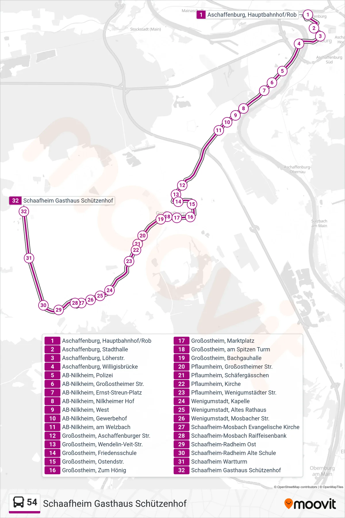 54 bus Line (Schaafheim Gasthaus Schützenhof) route and stops on a map