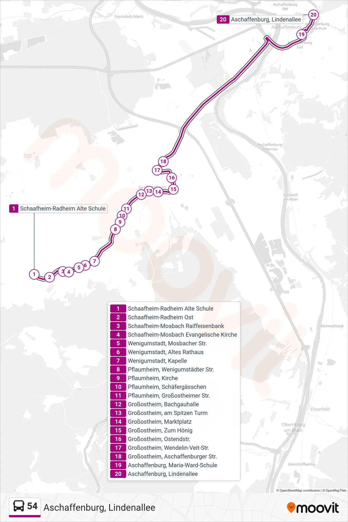 Linie 54 (Bus) Richtung Aschaffenburg, Lindenallee: Route und Haltestellen auf der Karte