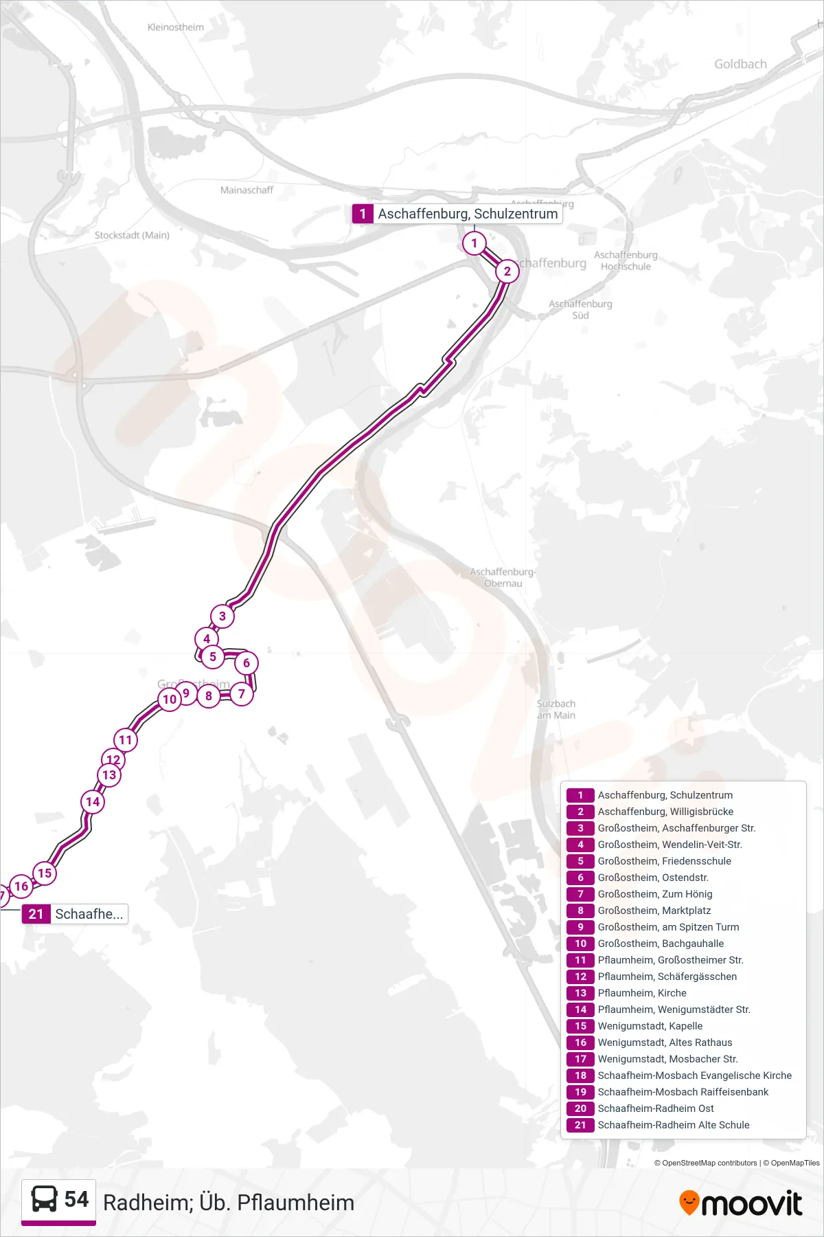 54 bus Line (Radheim; Üb. Pflaumheim) route and stops on a map