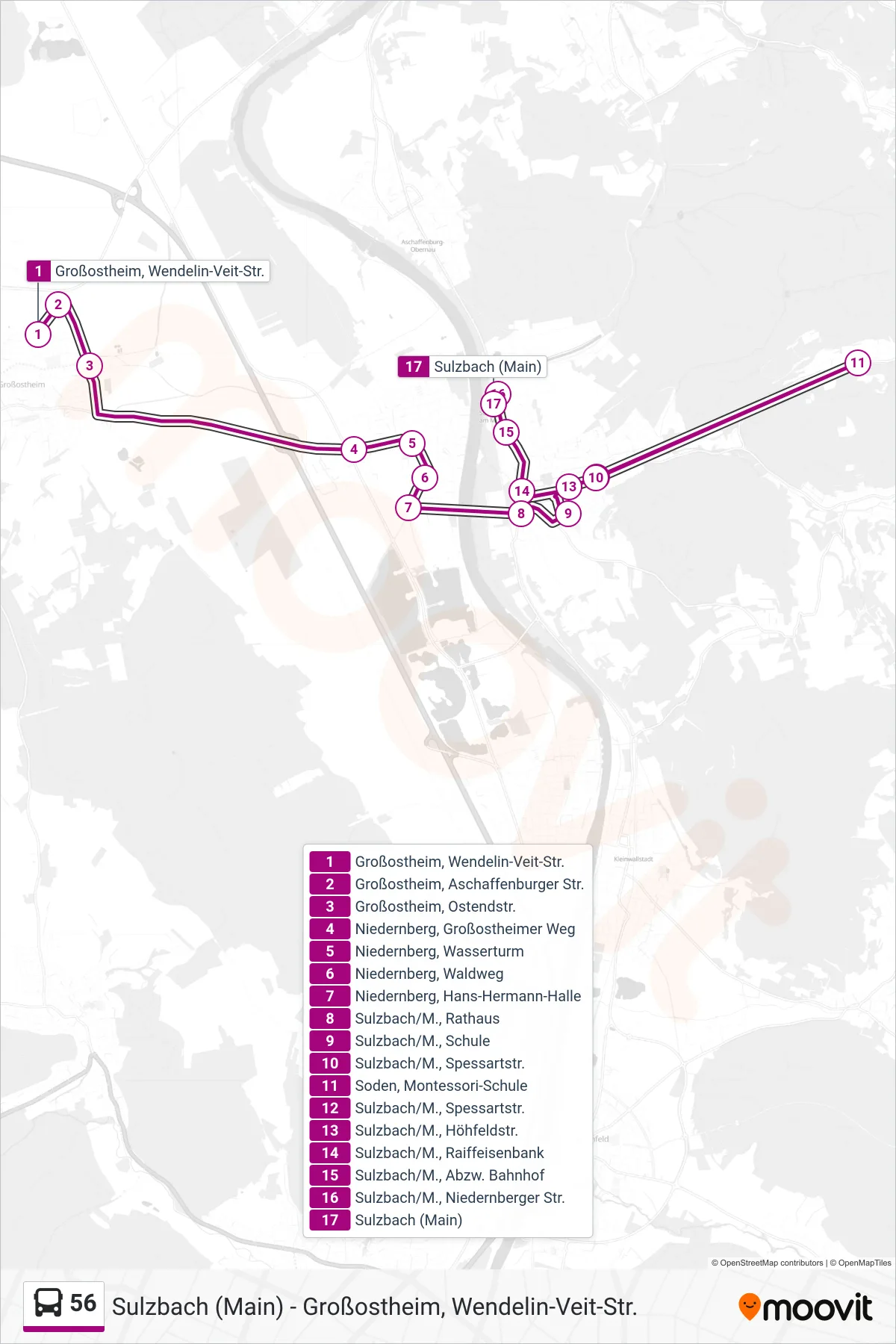 Linie 56 (Bus) Richtung Sulzbach (Main): Route und Haltestellen auf der Karte