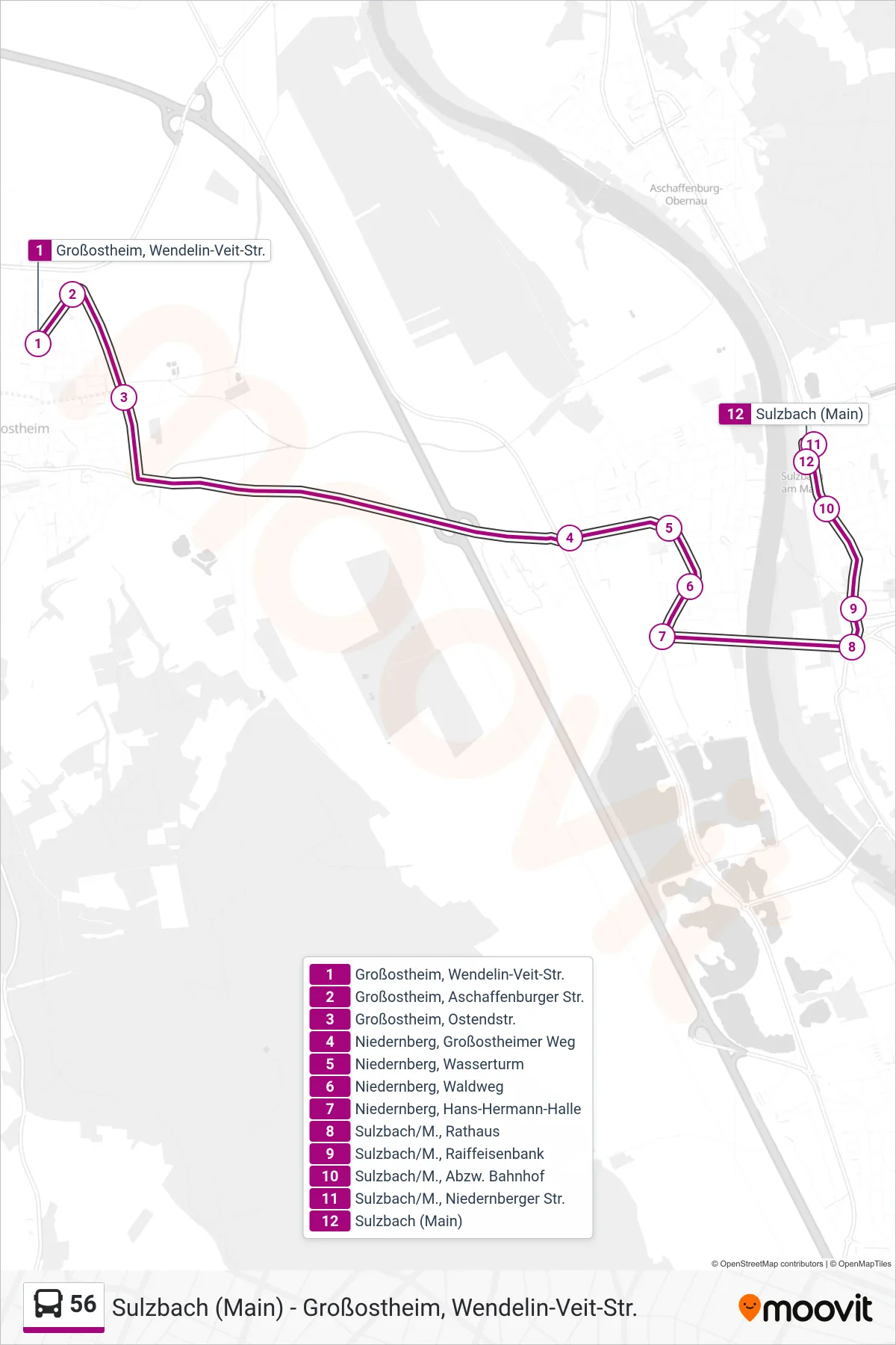 56 bus Line (Sulzbach/M. Bhf.) route and stops on a map