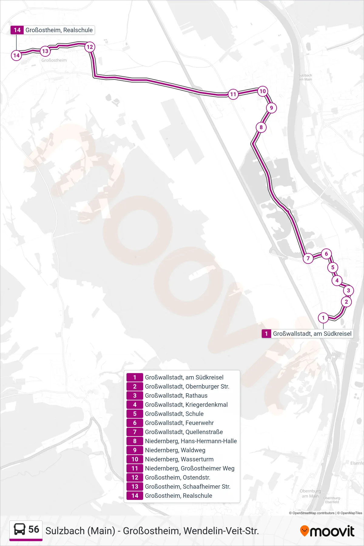 56 bus Line (Großostheim; Neues Rathaus) route and stops on a map