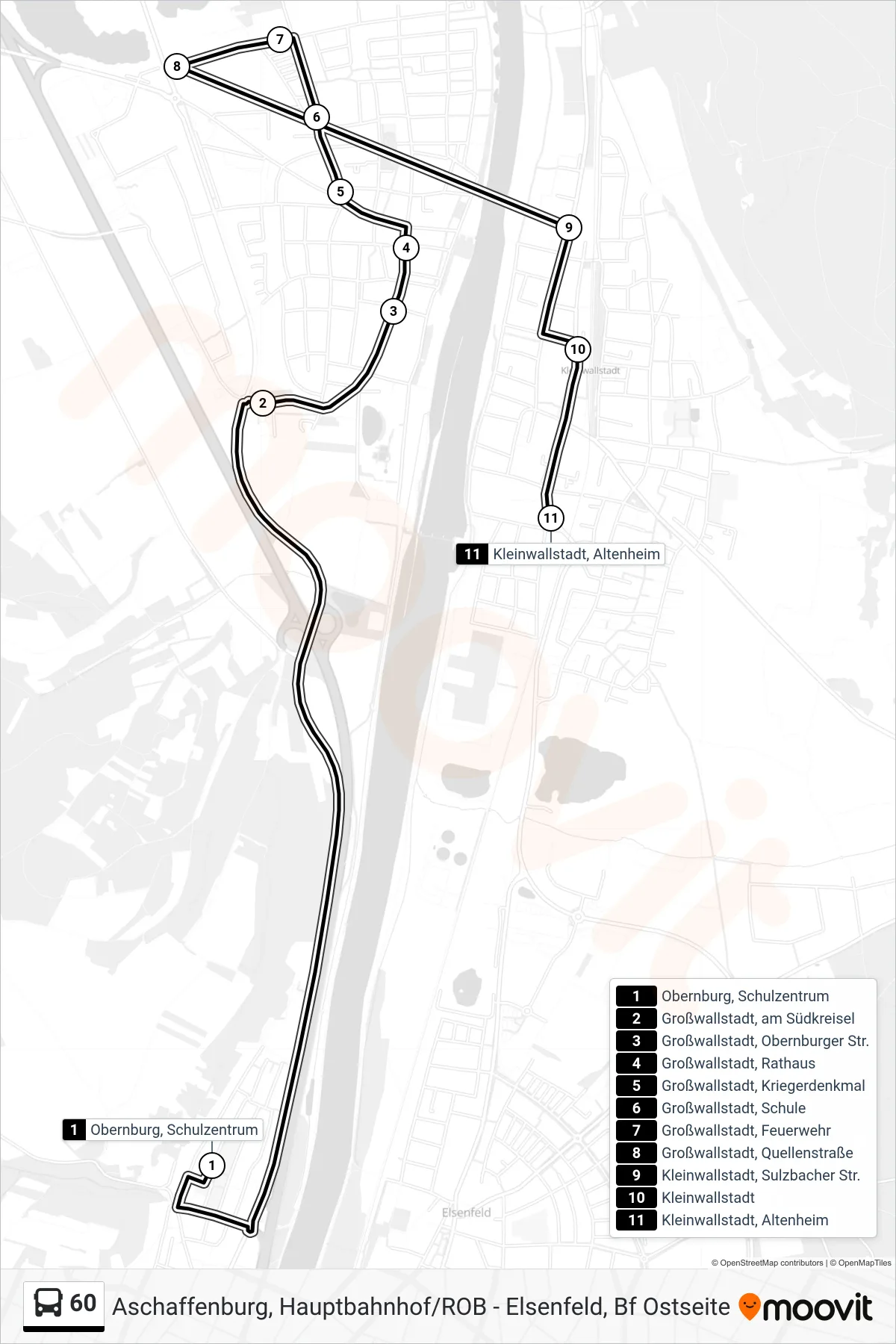 60 bus Line (Kleinwallstadt) route and stops on a map