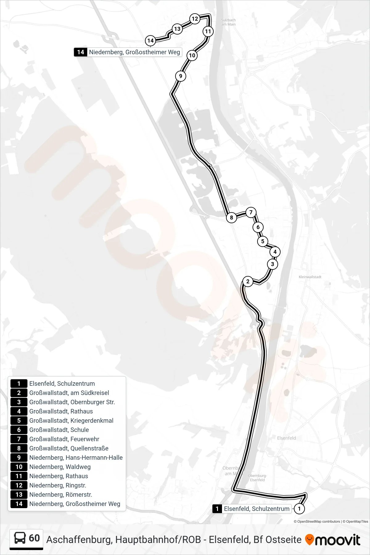 60 bus Line (Niedernberg) route and stops on a map