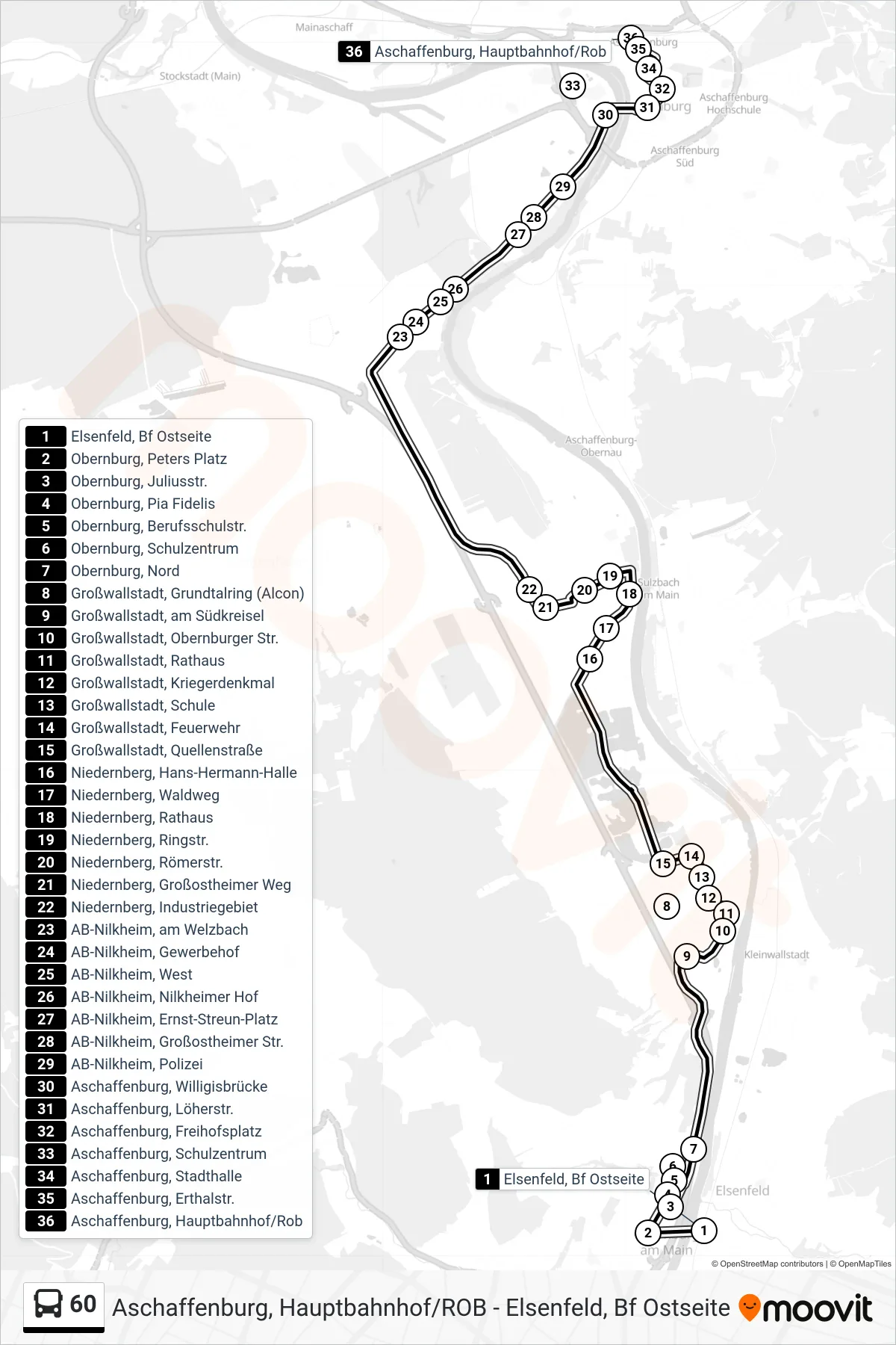 60 bus Line (Aschaffenburg, Hauptbahnhof/Rob) route and stops on a map