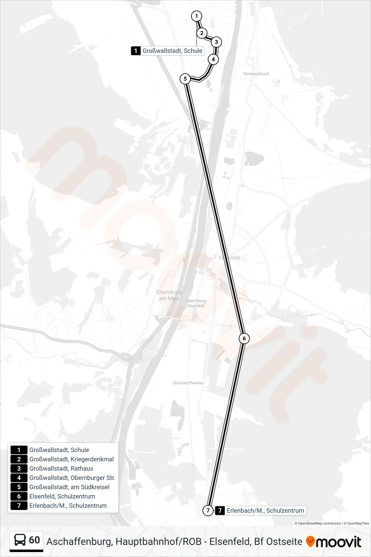 60 bus Line (Erlenbach/M., Schulzentrum) route and stops on a map