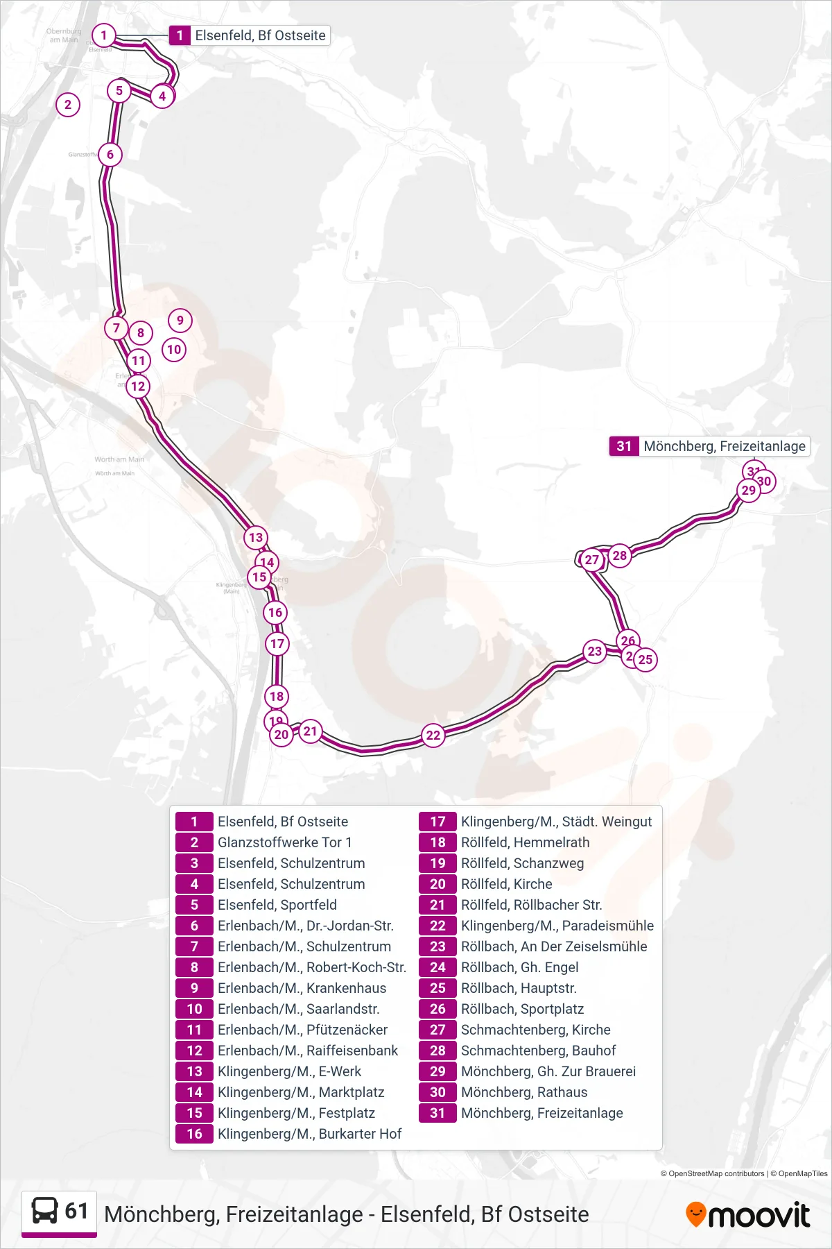61 bus Line (Mönchberg, Freizeitanlage) route and stops on a map