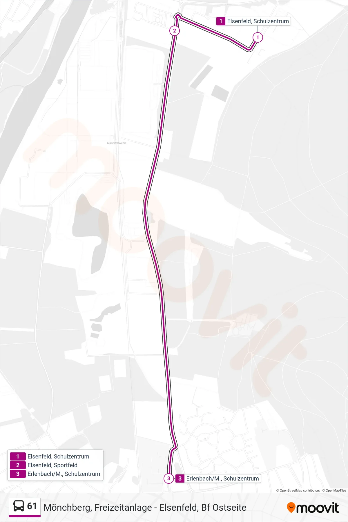 61 bus Line (Erlenbach; Schulzentrum) route and stops on a map