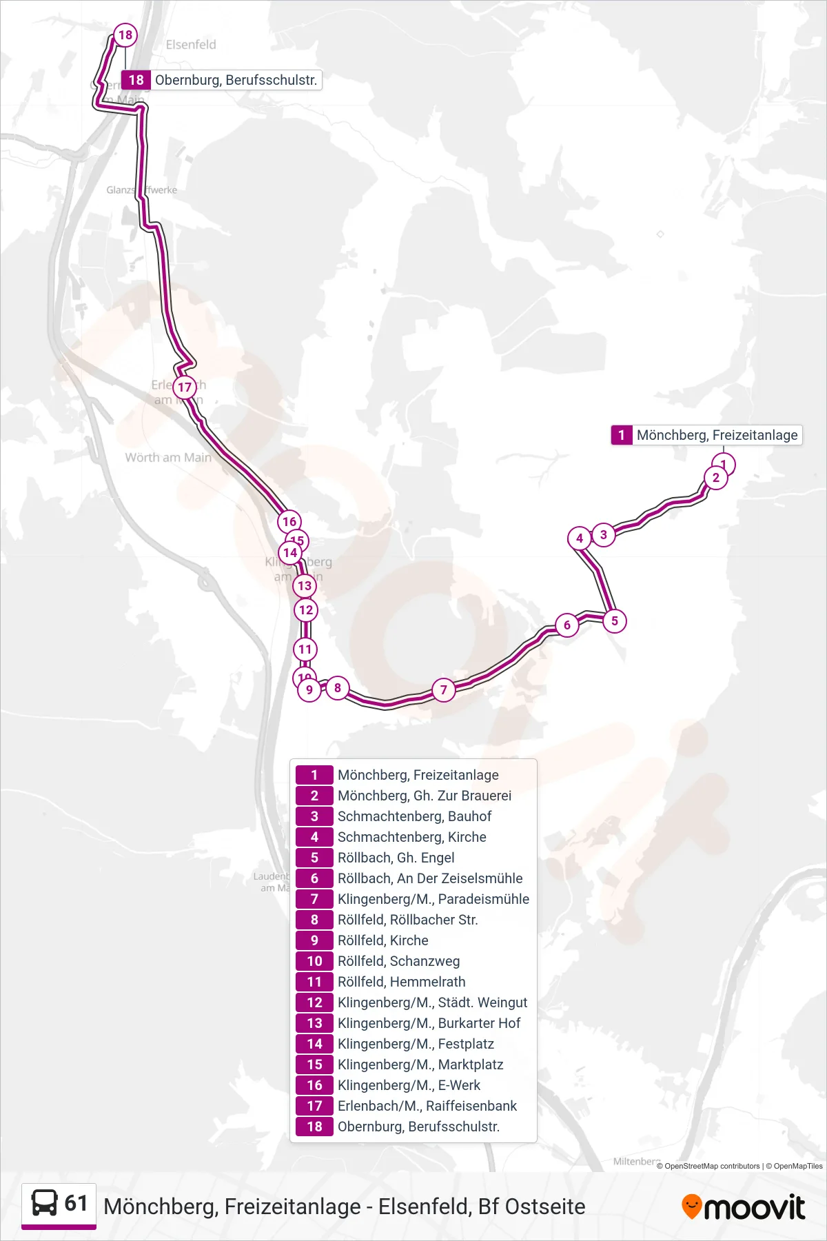 61 bus Line (Obernburg ; Berufsschulstr.) route and stops on a map