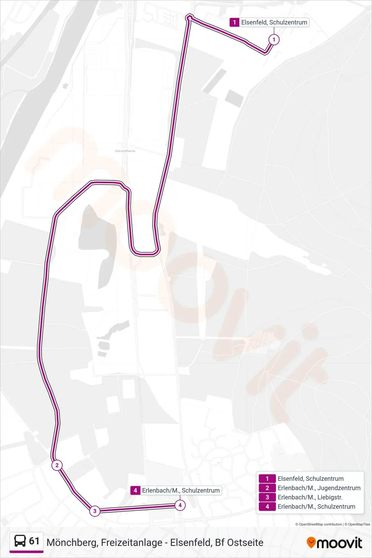 61 bus Line (Erlenbach; Barbarossaschule) route and stops on a map