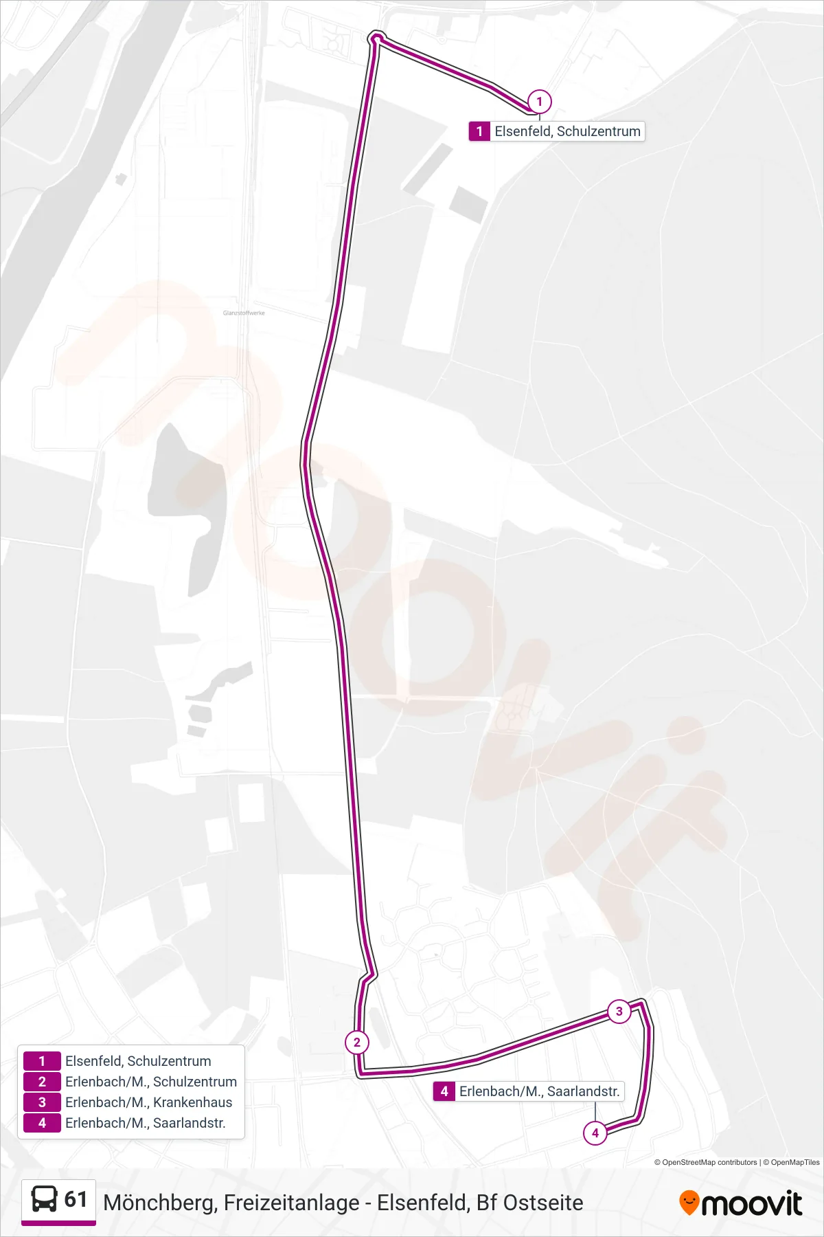 61 bus Line (Erlenb. Saarlandstr.; Üb. Krankenhaus) route and stops on a map