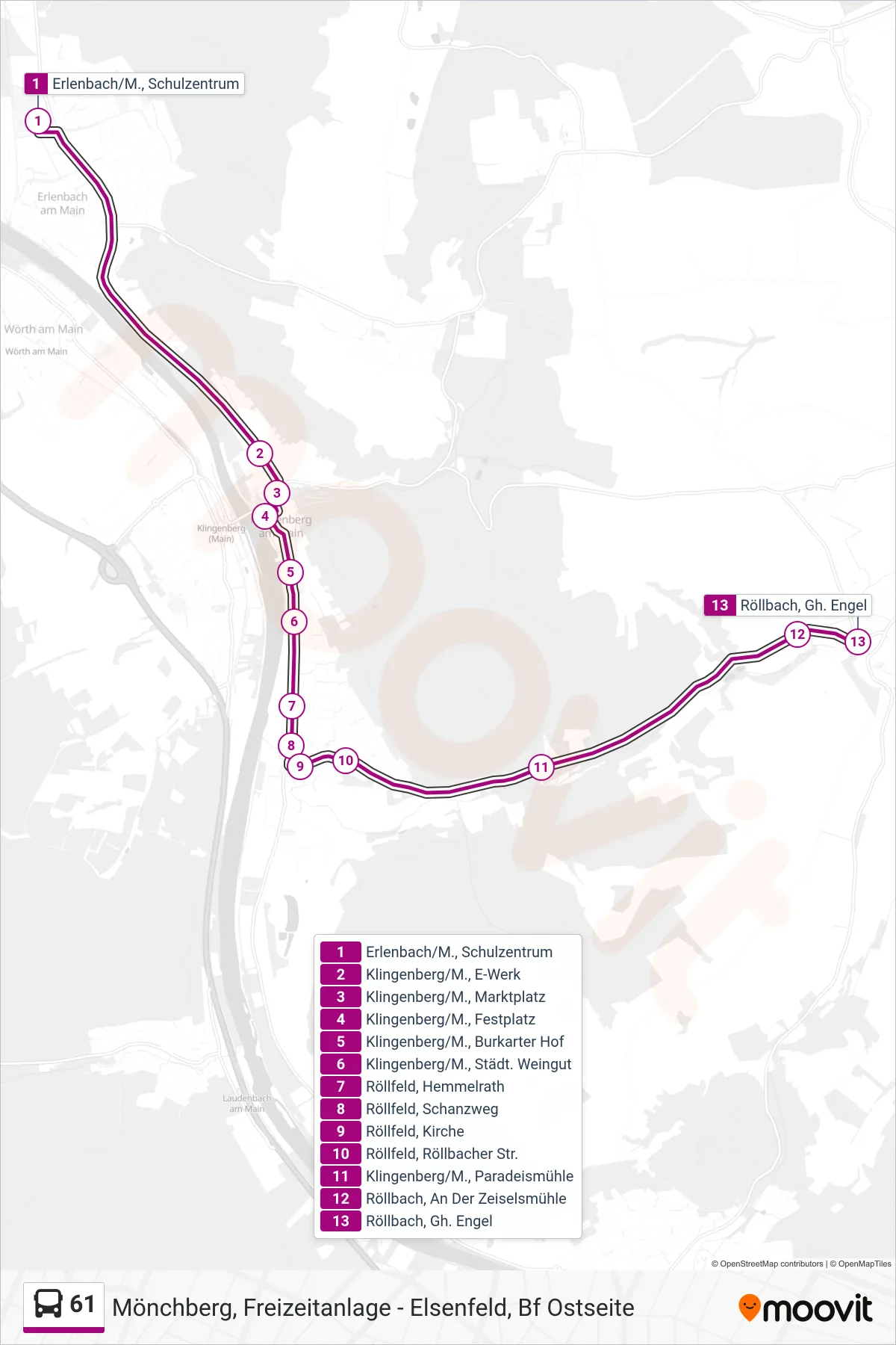 61 bus Line (Röllbach) route and stops on a map
