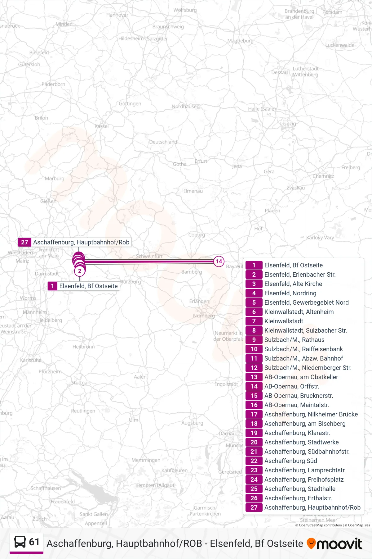 61 bus Line (Aschaffenburg, Hauptbahnhof/Rob) route and stops on a map