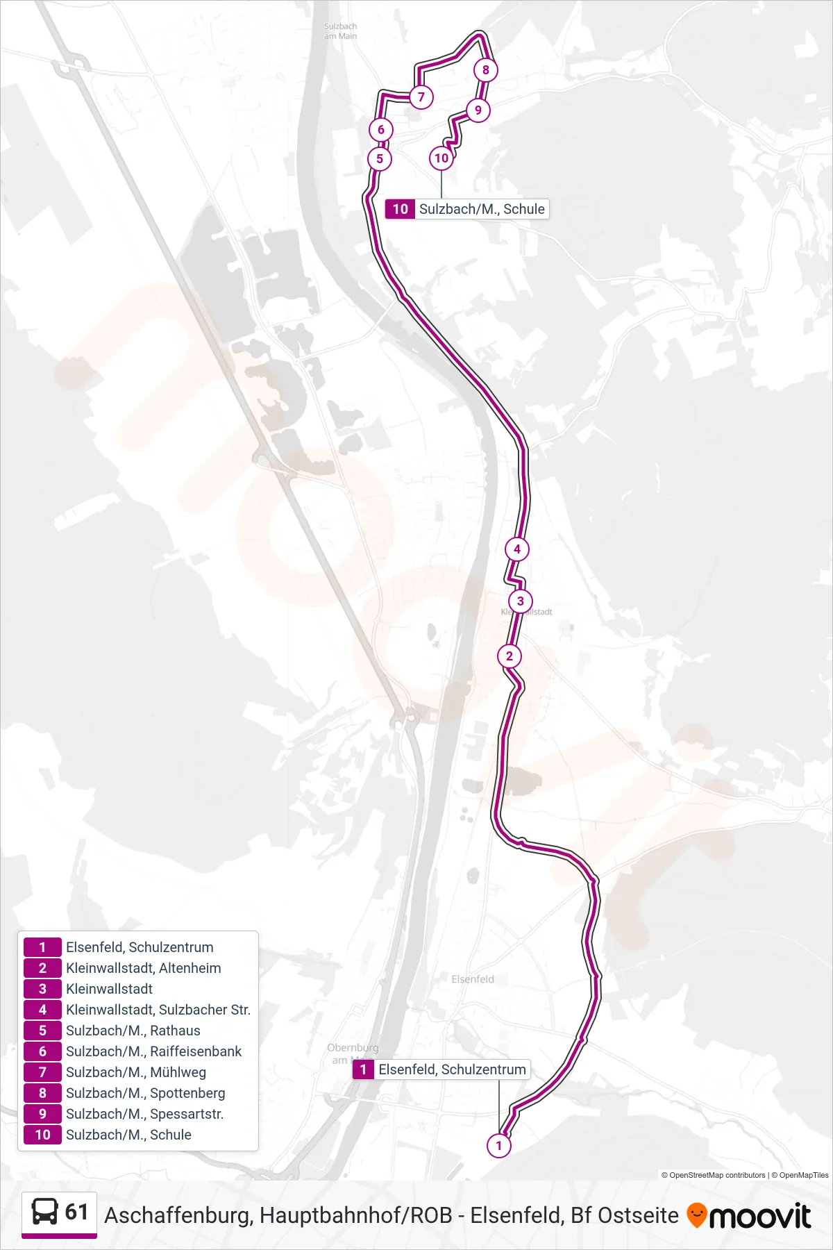 61 bus Line (Sulzbach/M., Schule) route and stops on a map