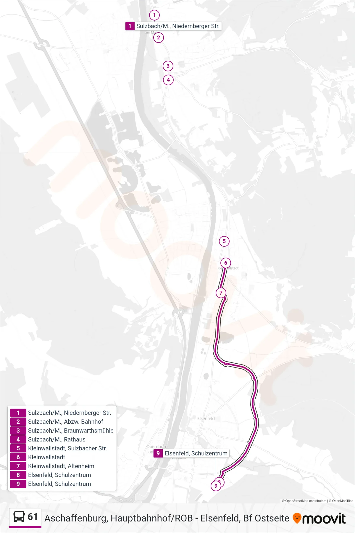 61 bus Line (Elsenfeld ; Schulzentrum) route and stops on a map