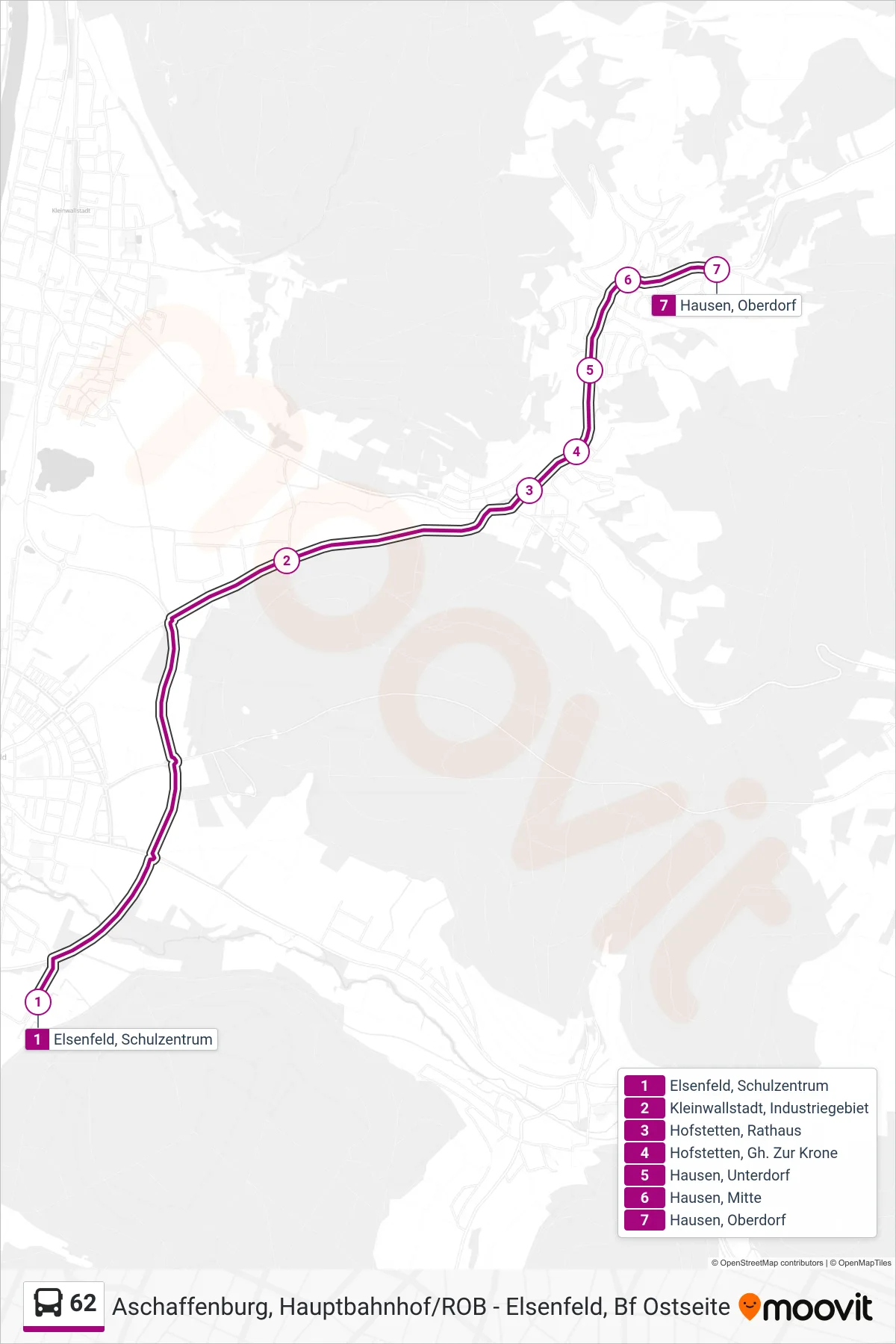 62 bus Line (Hausen, Oberdorf) route and stops on a map