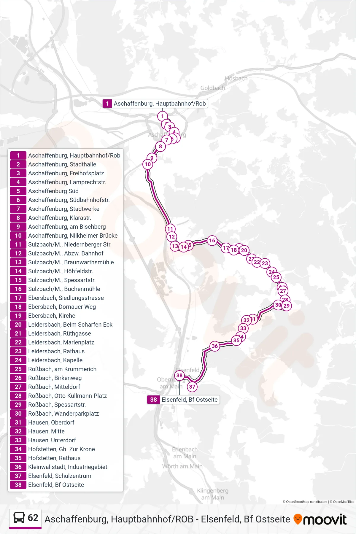 62 bus Line (Elsenfeld, Bf Ostseite) route and stops on a map