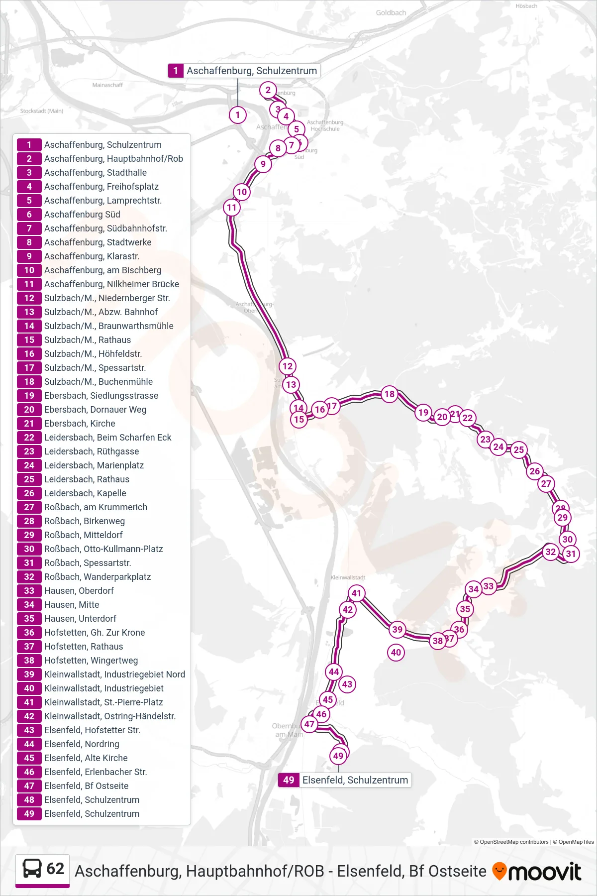 62 bus Line (Elsenfeld, Schulzentrum) route and stops on a map