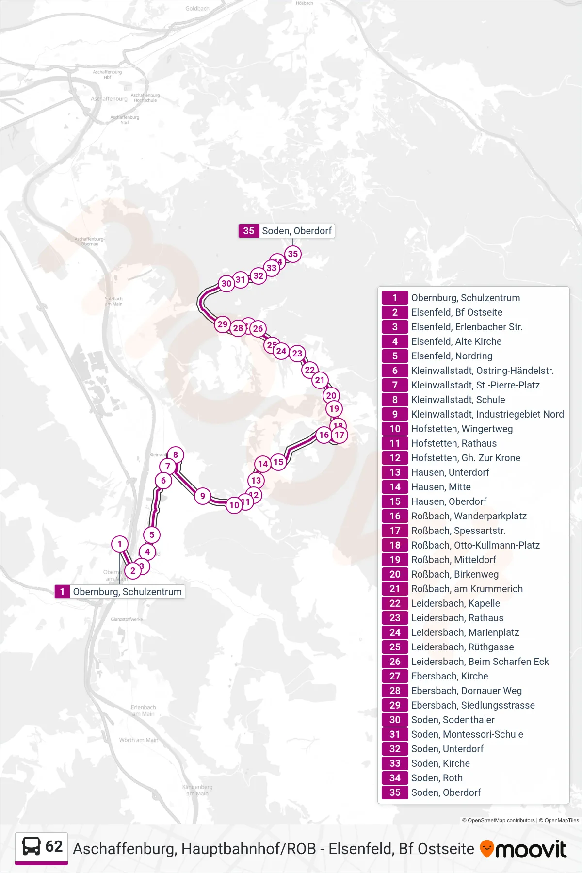 62 bus Line (Soden Oberdorf) route and stops on a map