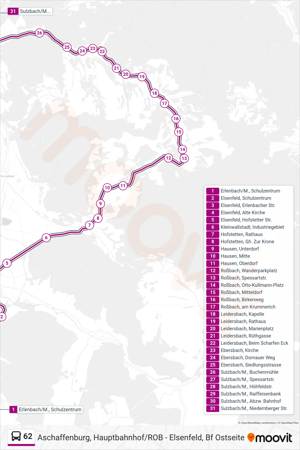 62 bus Line (Sulzbach/M., Niedernberger Str.) route and stops on a map