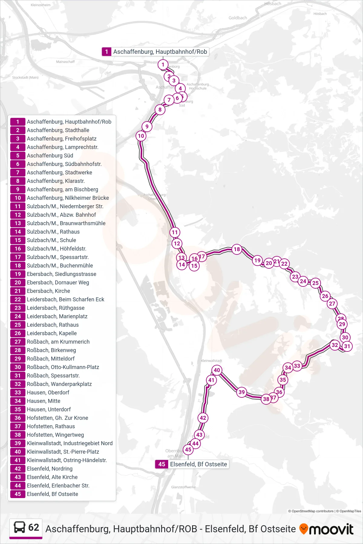 62 bus Line (Obb-Elsenfeld Bhf.; Ostseite) route and stops on a map