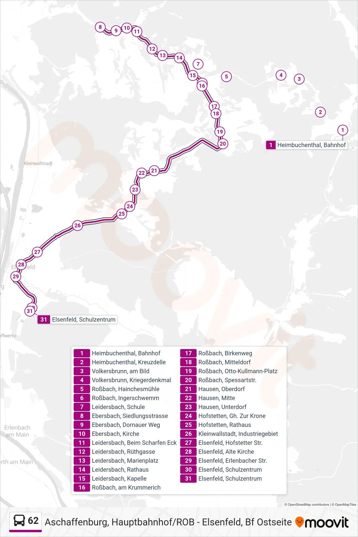 62 bus Line (Elsenfeld ; Schulzentrum) route and stops on a map