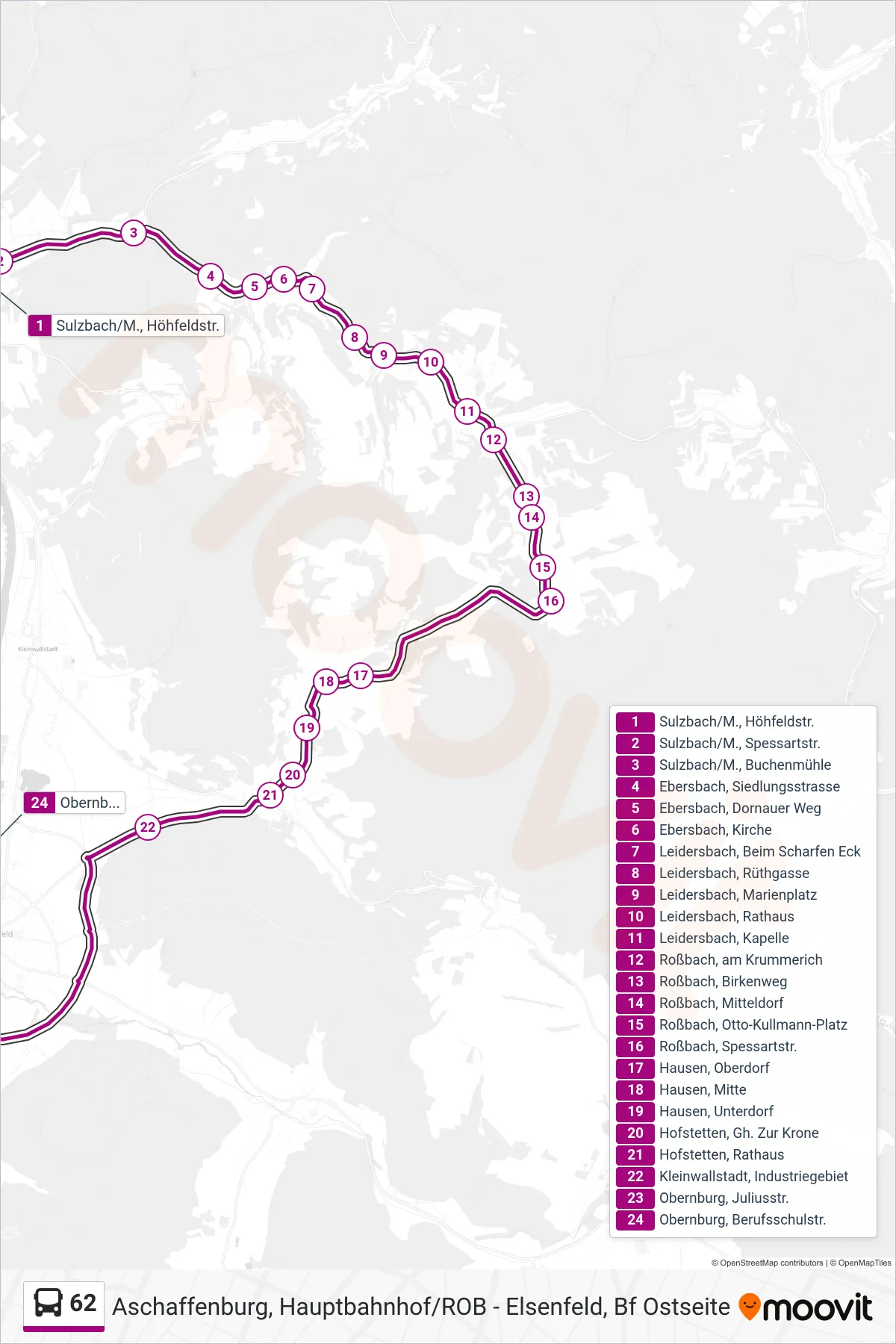 62 bus Line (Obernburg; Berufsschulstr.) route and stops on a map