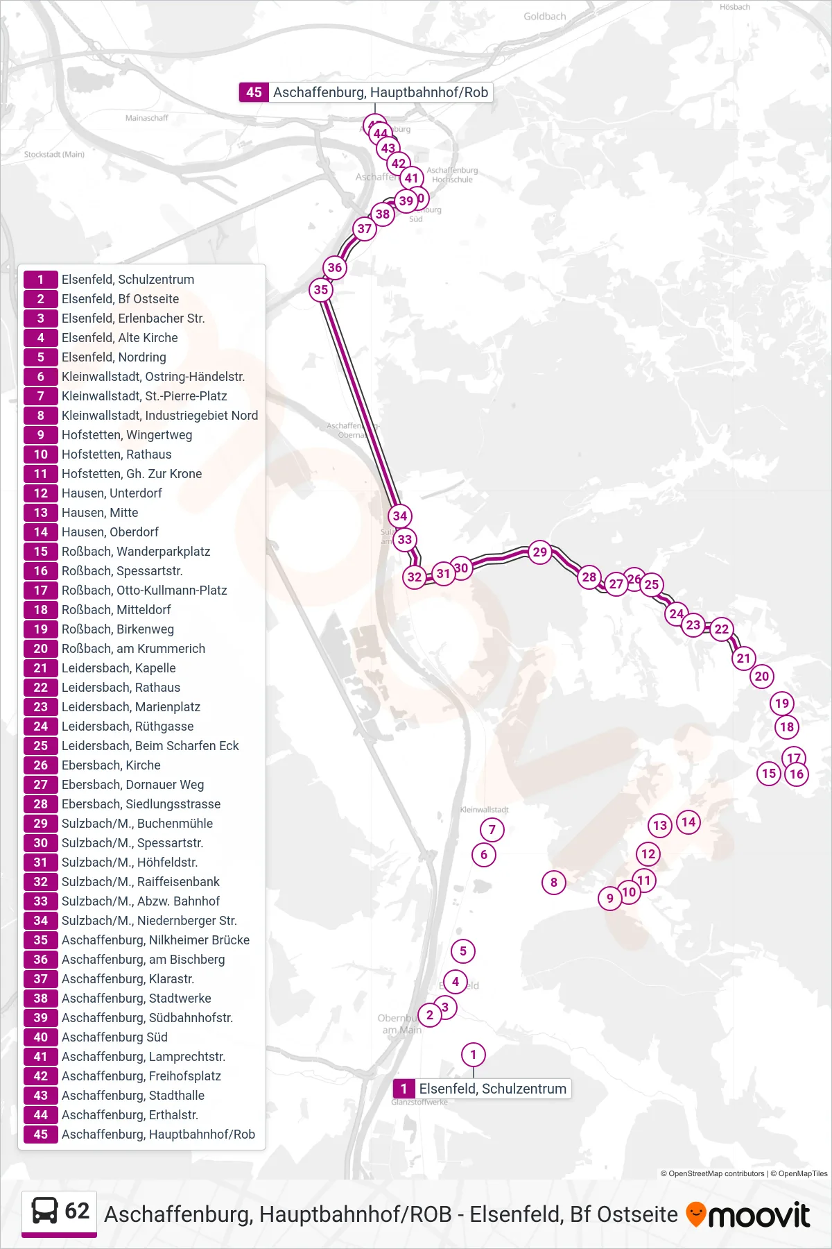 62 bus Line (Aschaffenburg ; Hbf/Rob) route and stops on a map