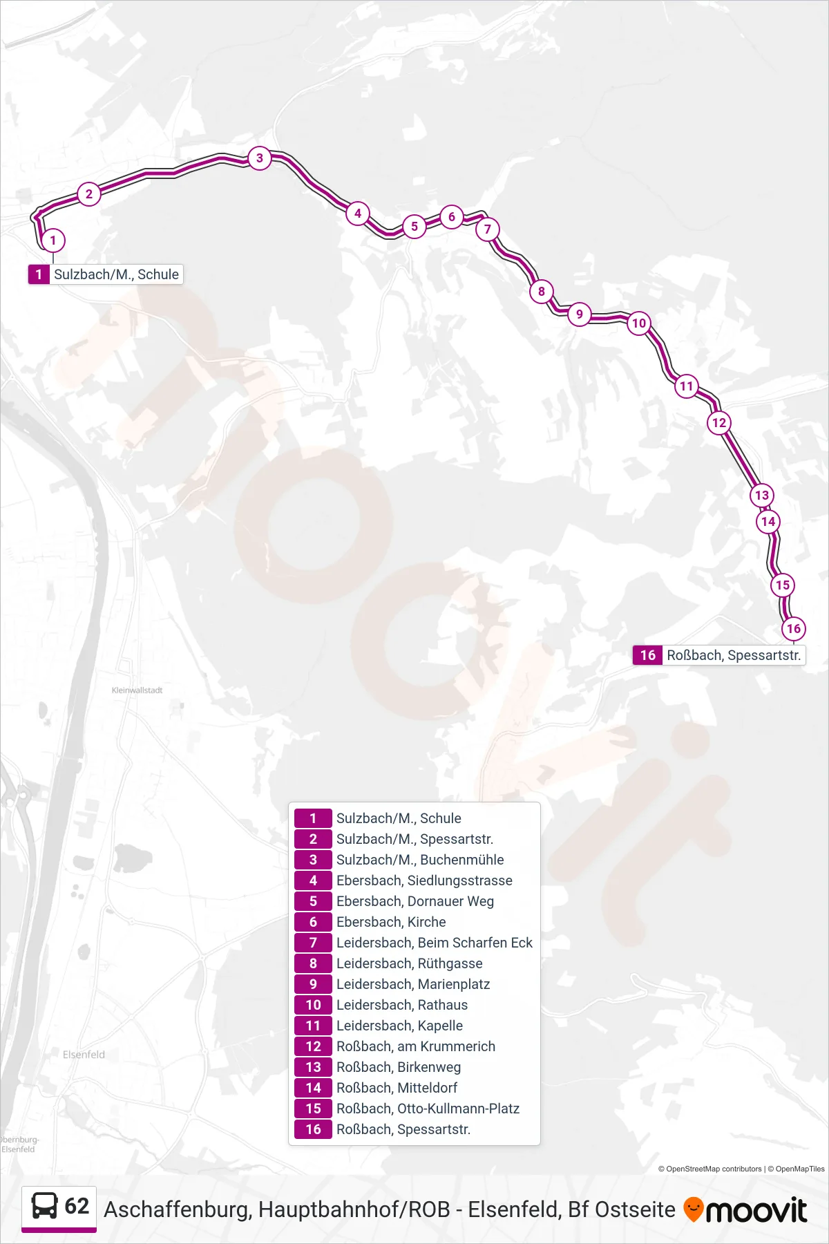 62 bus Line (Roßbach; Spessartstr.) route and stops on a map