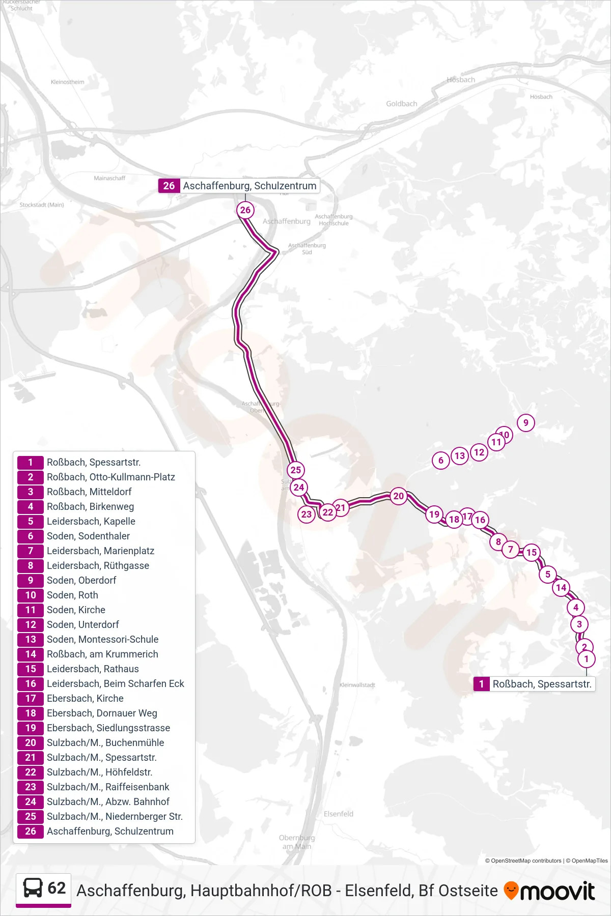 62 bus Line (Aschaffenburg ; Schulzentrum) route and stops on a map