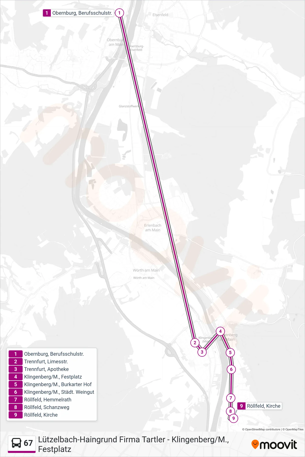 67 bus Line (Röllfeld, Kirche) route and stops on a map
