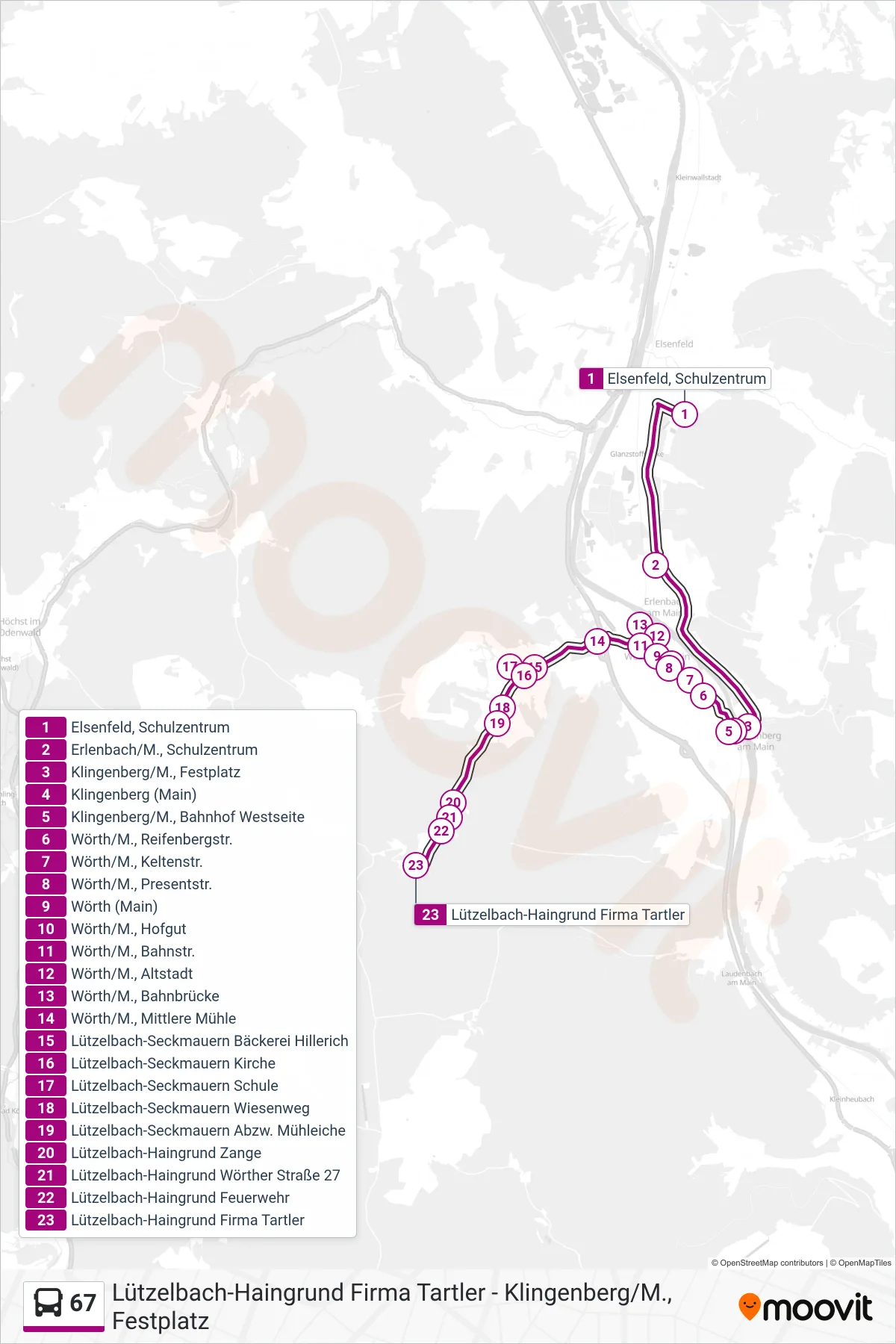 67 bus Line (Haingrund) route and stops on a map