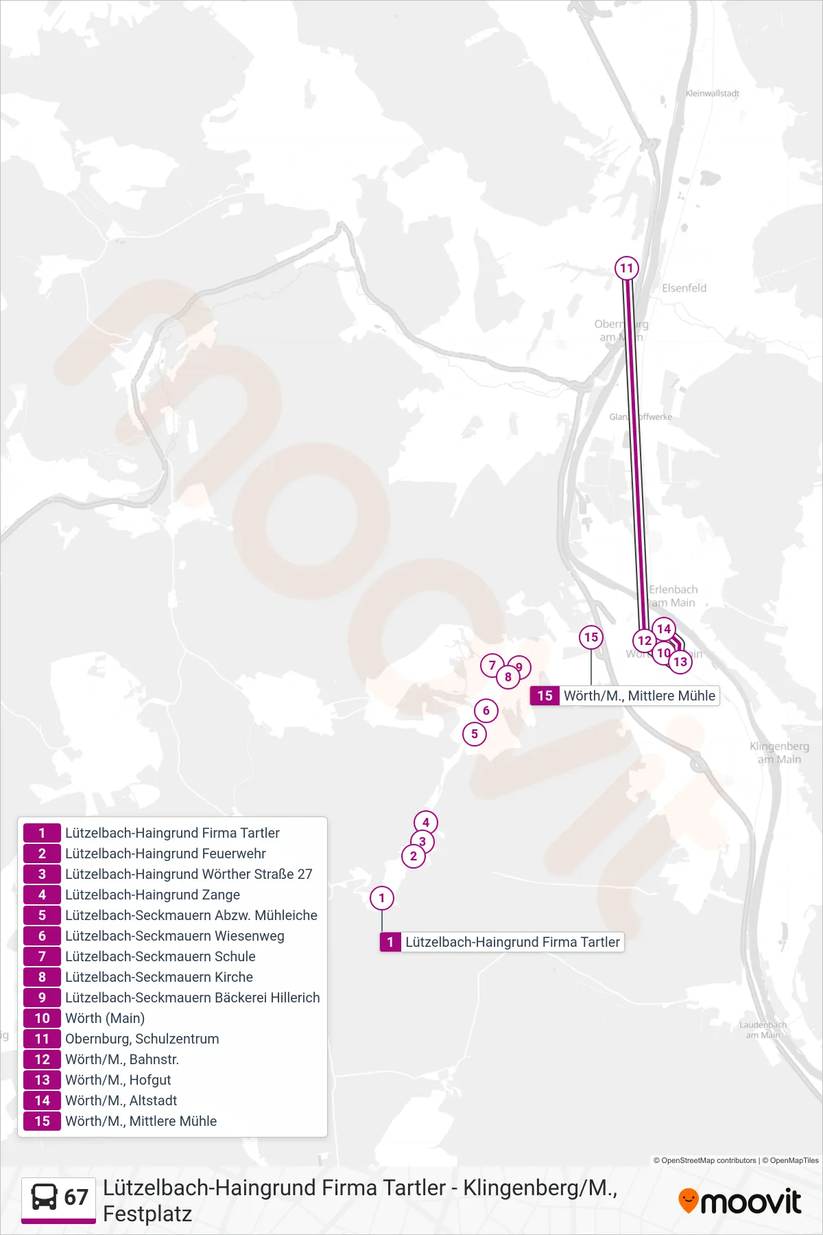 67 bus Line (Wörth) route and stops on a map