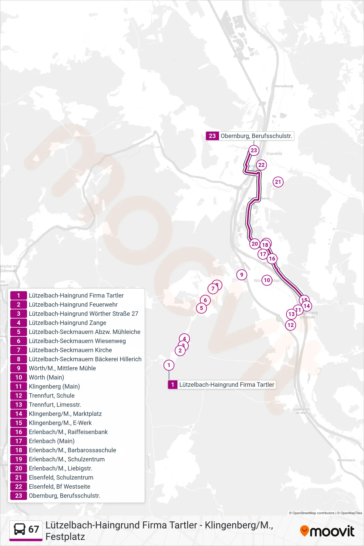 67 bus Line (Obernburg; Berufsschulstr.) route and stops on a map