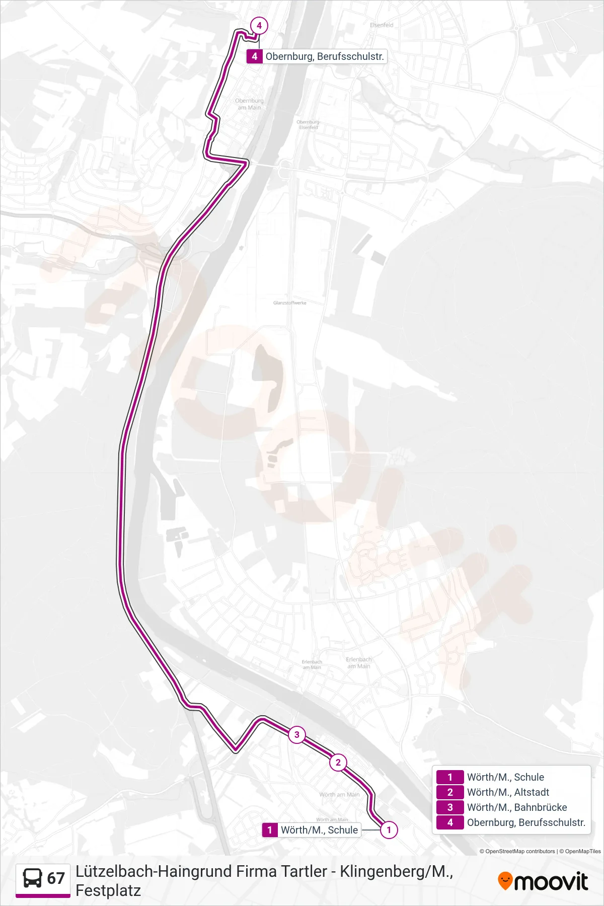 67 bus Line (Obernburg; Berufsschulstr.) route and stops on a map