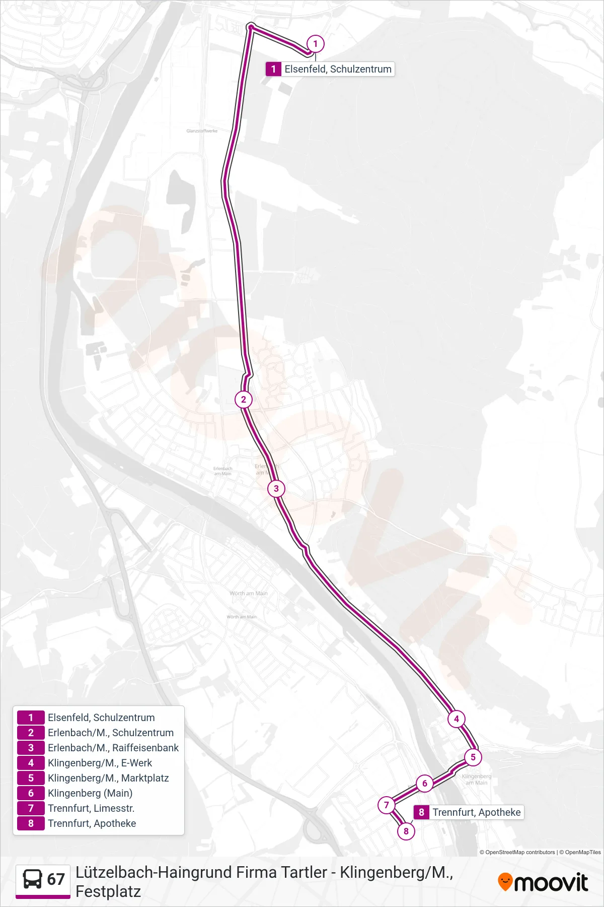 67 bus Line (Trennfurt) route and stops on a map
