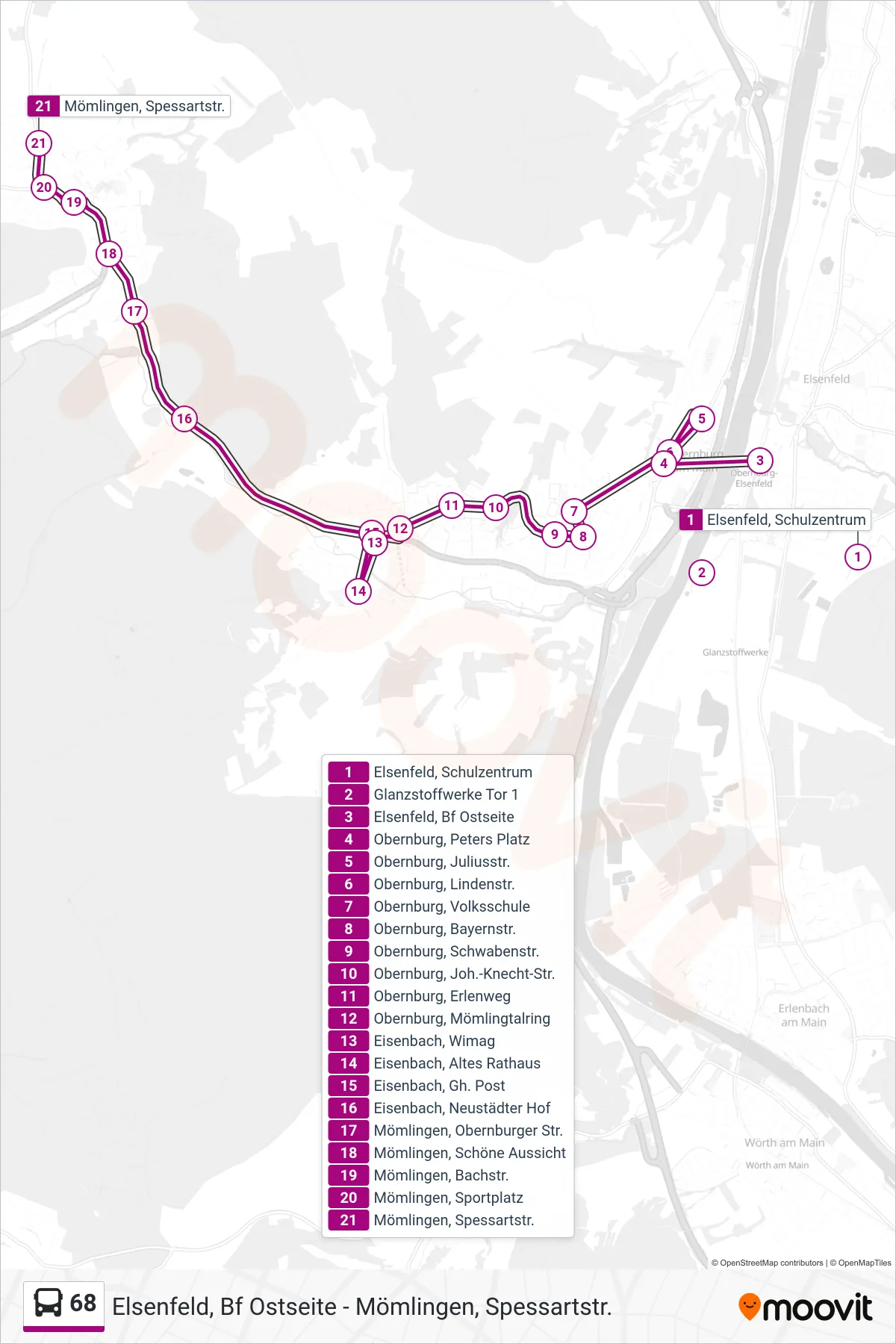 68 bus Line (Mömlingen, Spessartstr.) route and stops on a map