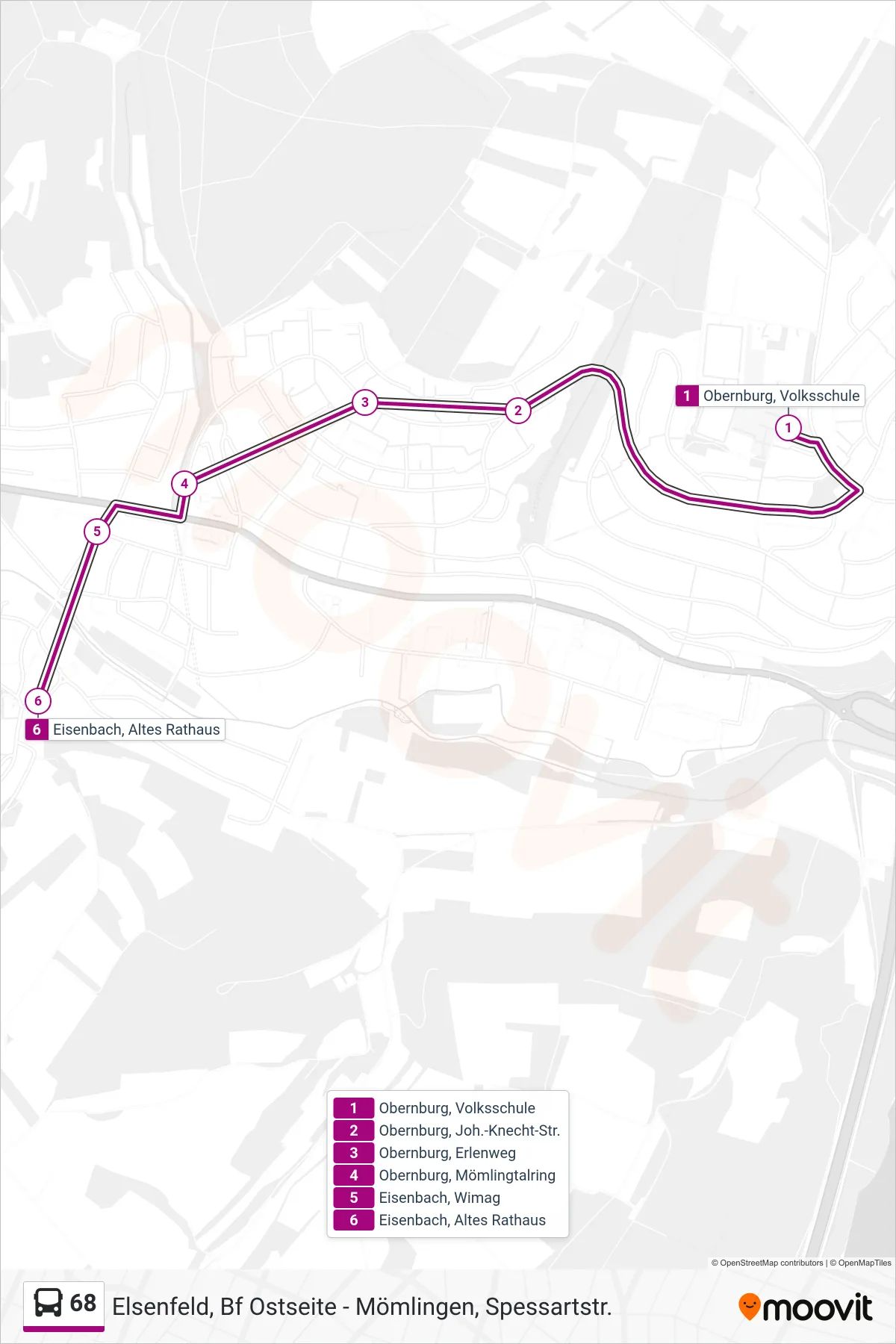 68 bus Line (Eisenbach; Kirche) route and stops on a map