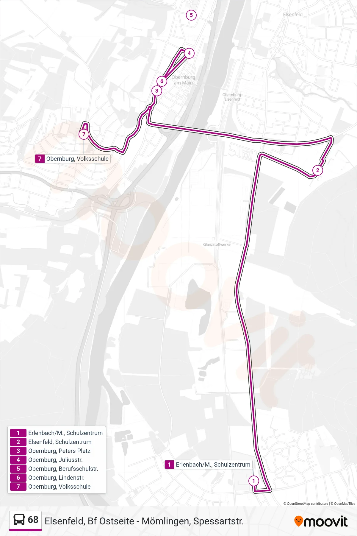 68 bus Line (Obernburg; Volksschule) route and stops on a map