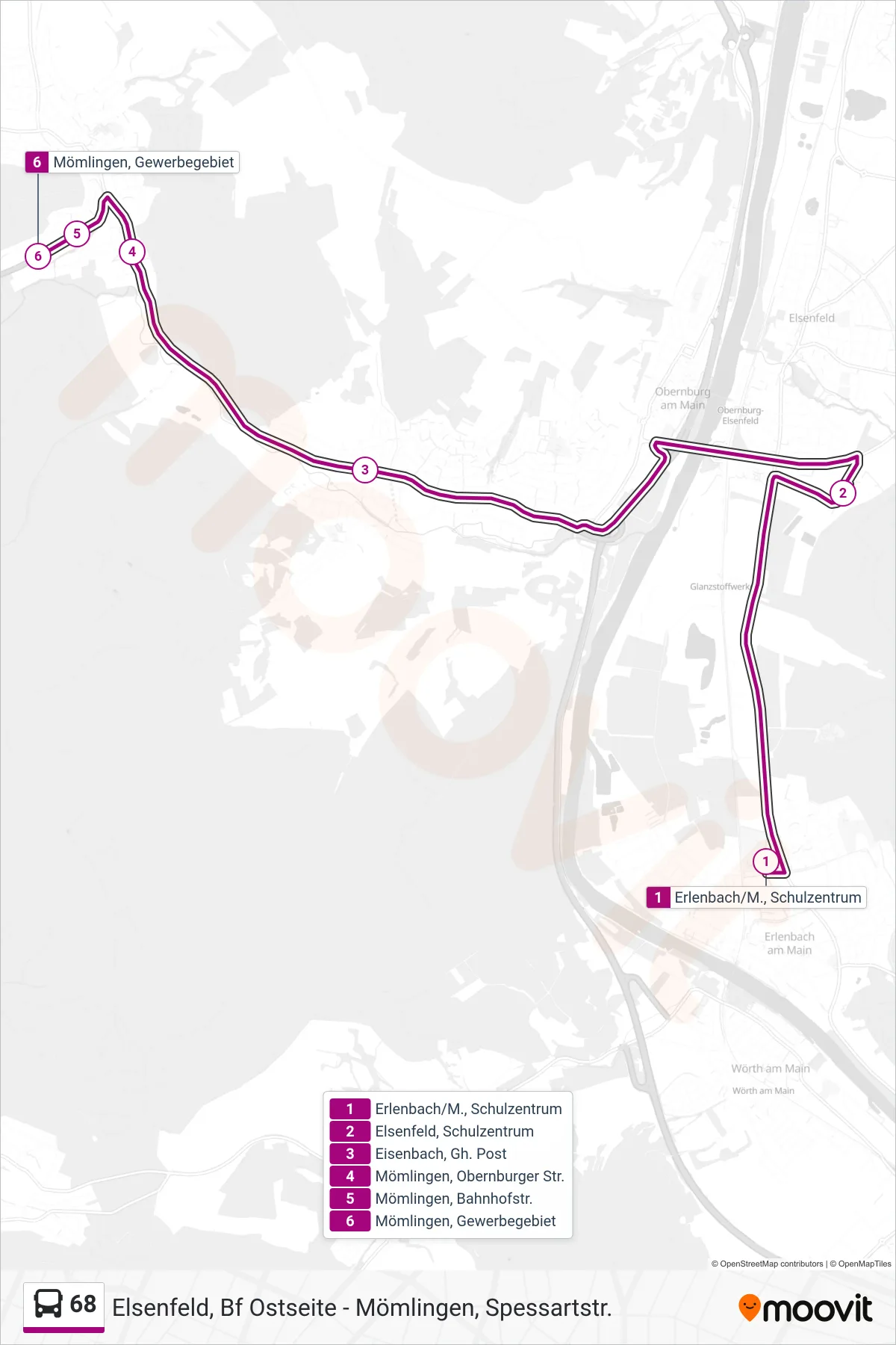 68 bus Line (Mömlingen; Gewerbegebiet) route and stops on a map