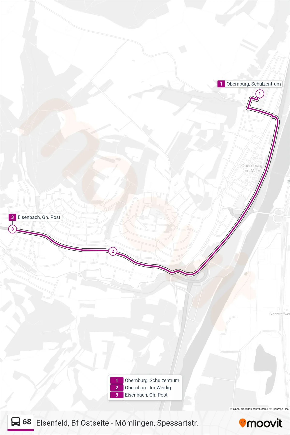68 bus Line (Eisenbach; Gh. Post) route and stops on a map
