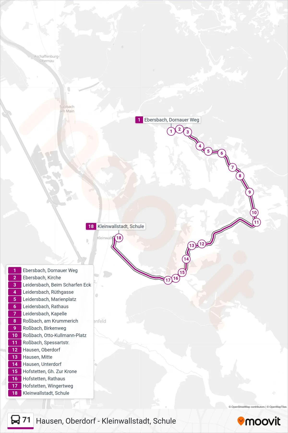 71 bus Line (Kleinwallstadt; Schule) route and stops on a map