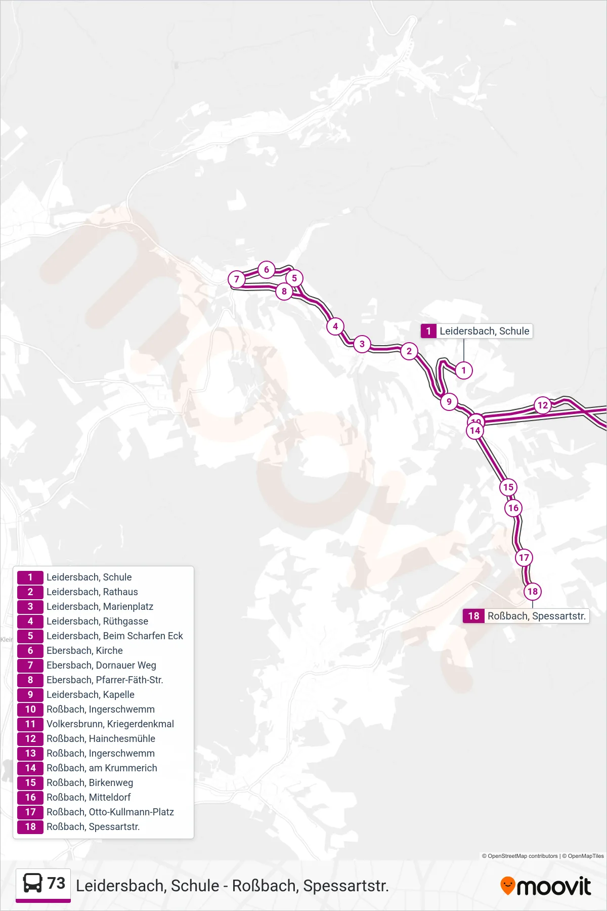 Linie 73 (Bus) Richtung Roßbach, Spessartstr.: Route und Haltestellen auf der Karte