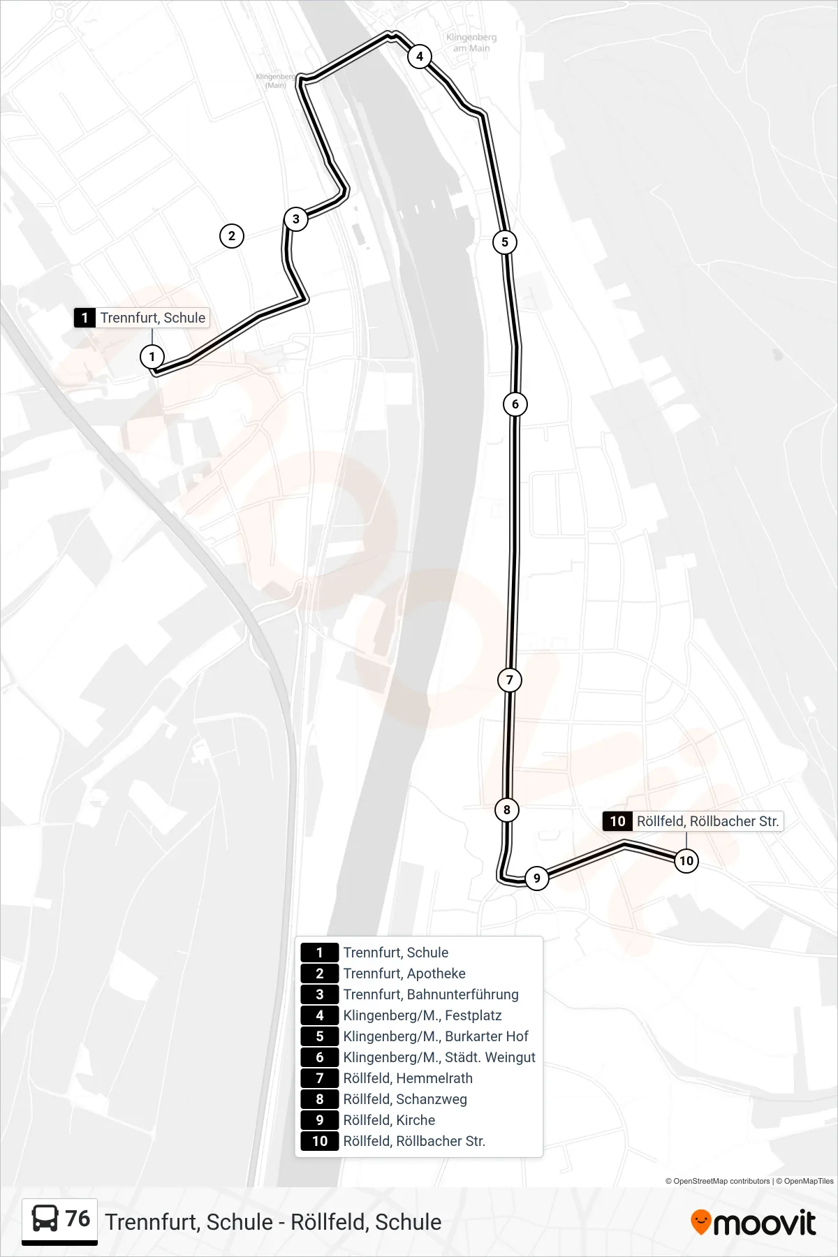 76 bus Line (Röllfeld) route and stops on a map