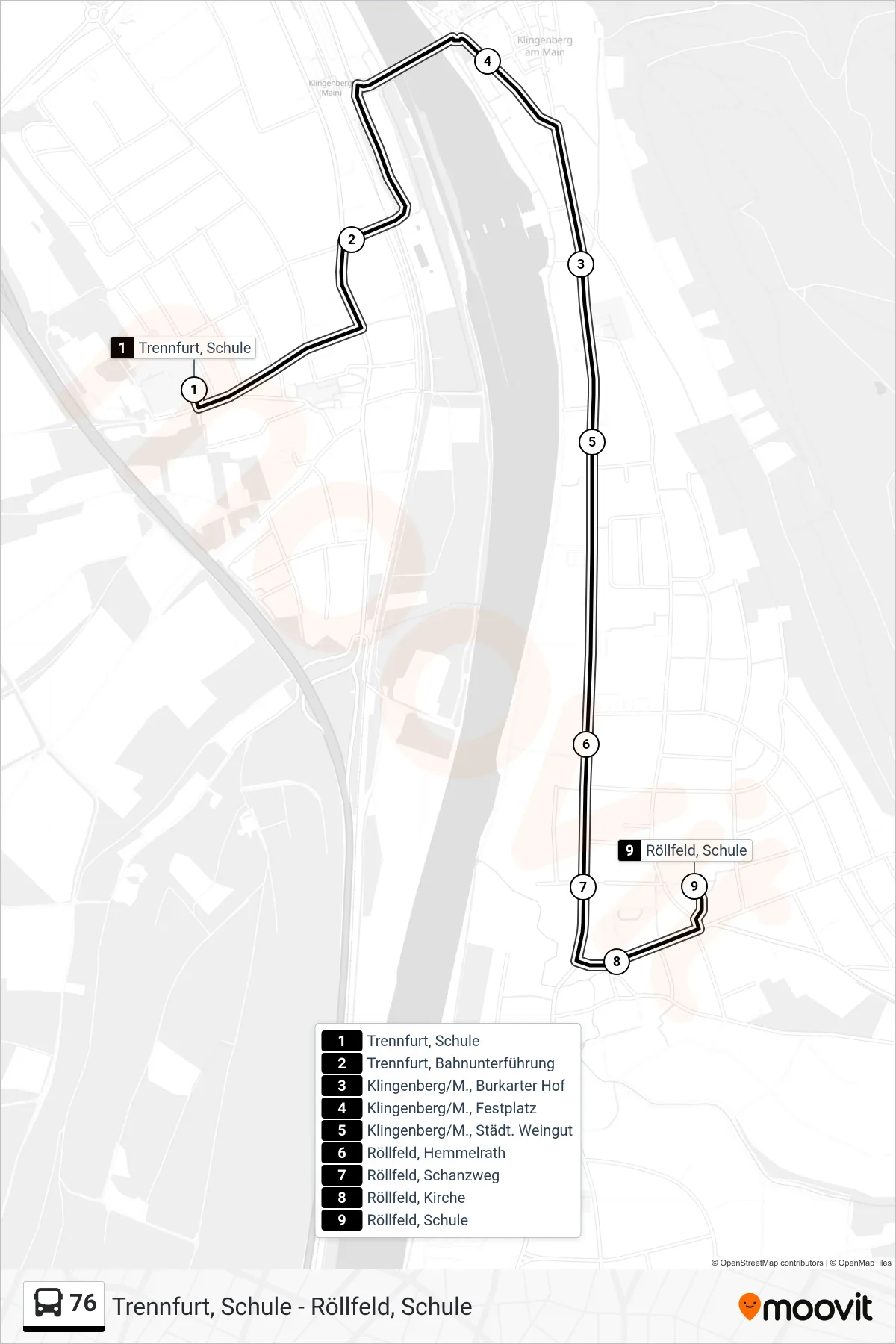 76 bus Line (Röllfeld Schule) route and stops on a map
